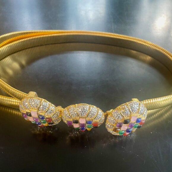 Judith Lieber Two Row Gold Tone Tubogas belt multi gemstone & rhinestone buckle main image 6